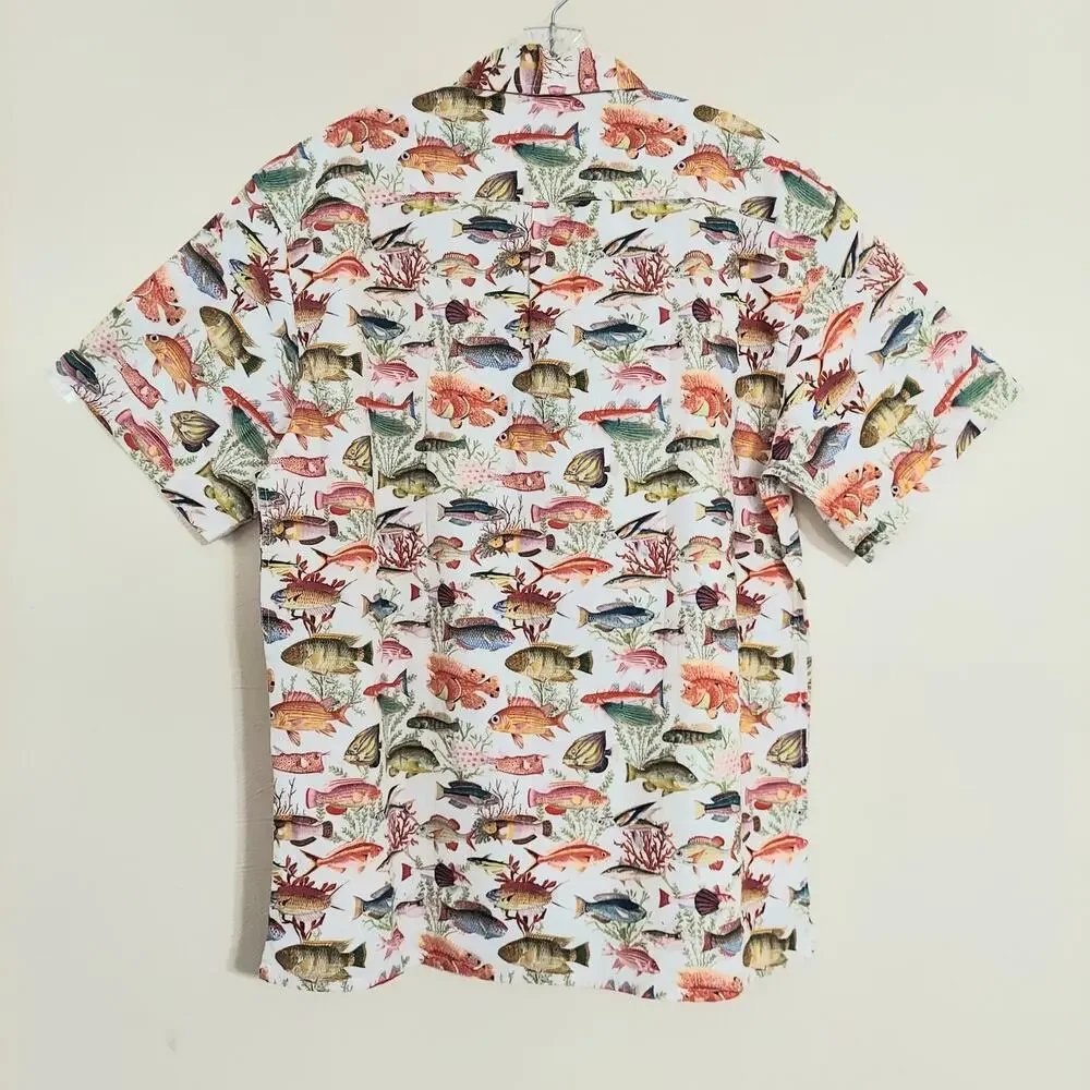 Yiume Men's Tan Hawaiian Multicolor Fish Print Button Front Shirt